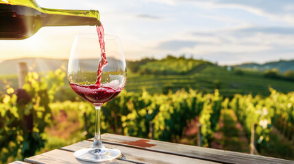 Wine glass with poured red wine and vineyard landscape of sunshine