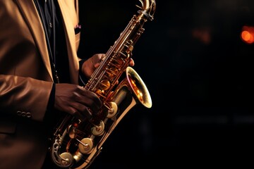 Close-up of saxophonist playing saxophone at world jazz festival, musician performing on stage