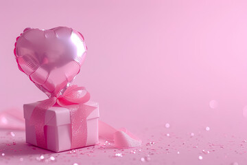 a pink heart balloon and gift box with a ribbon on a pink background