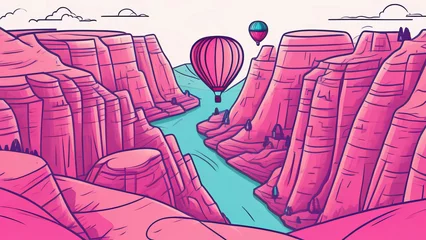 Poster Hot air balloon flight, balloon, pink background, canyon. © Julia