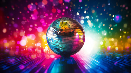 Disco ball sphere with colorful disco lights at party