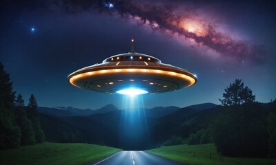 Flying saucer in the night sky. UFO in the sky.