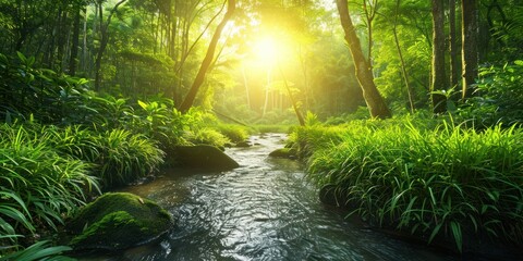 Tranquil nature view featuring meandering river through lush grassy landscape beauty with green...