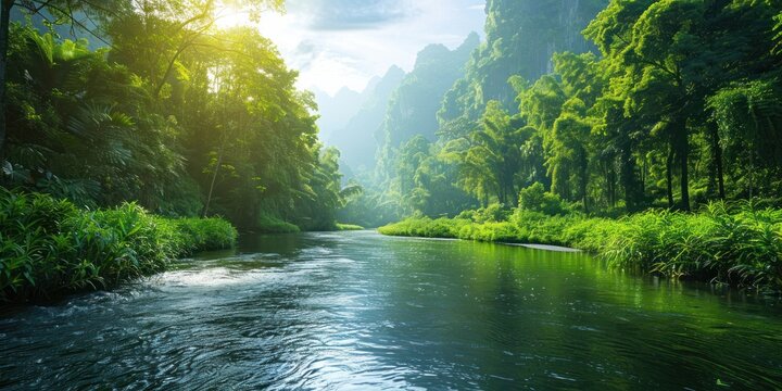 Tranquil nature view featuring meandering river through lush grassy landscape beauty with green trees and clear water ideal for capturing essence of peaceful outdoor environments of forest parks