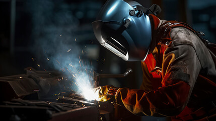 A welder in protective gear is welding metal, producing bright sparks and light in a dark workshop, ai generative