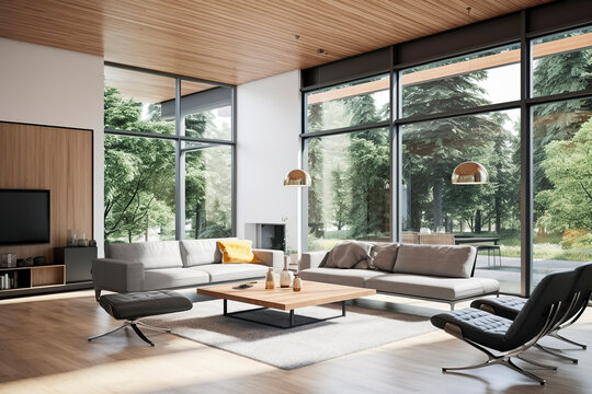 A modern living room with large windows, a grey sofa, wooden elements, and a view of green trees outside, ai generative