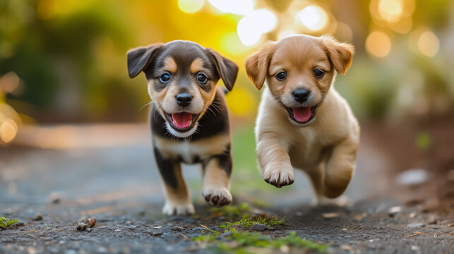 Running Duel: Two Puppies in a Funny Game. 