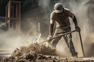 man vigorously digging at a construction or excavation site, causing dust to rise, wearing a cap and t-shirt, ai generative