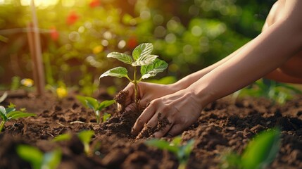 Fototapeta premium Eco-friendly lifestyle, person planting a tree in a community garden, hands in soil, focus on sustainability and growth, sunny day