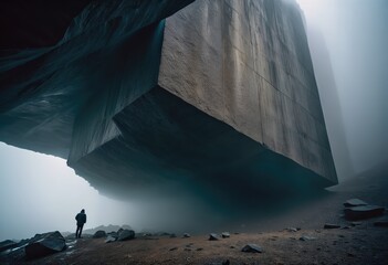person stands on a rocky beach beneath a massive cube made of concrete or stone. The fog is thick, and the entire scene has a dreamlike quality.