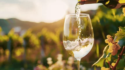 Rolgordijnen Wine glass with poured white wine and vineyard landscape of sunshine © VetalStock