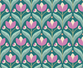 Modern cute floral art deco seamless pattern. Vector damask illustration with leaves. Decorative botanical background. - 740023097