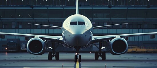 A close-up view of a massive jetliner sitting on top of the airport tarmac, preparing for departure. - obrazy, fototapety, plakaty