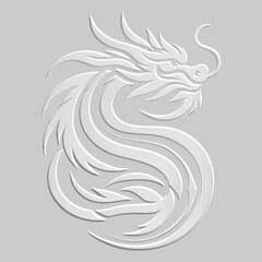 Ornamental emboss beautiful white 3d chinese dragon pattern. Happy Chinese new year 2024 Zodiac sign, year of the Dragon. Relief embossed trendy vector background. Surface ornate 3d texture. Logo