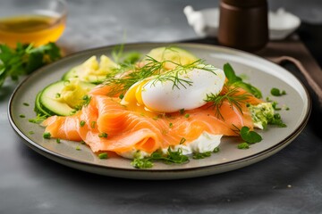 Keto breakfast with eggs salmon and avocado. Concept Keto Recipes, High-Protein Breakfast, Salmon and Avocado, Egg-Based Meals, Healthy Start