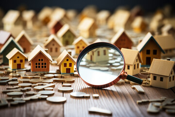 Small house under a magnifying glass. The concept of searching for housing and apartments. Generated by artificial intelligence - obrazy, fototapety, plakaty