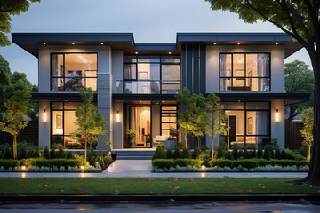 Obraz premium Model of a modern townhouse with green spaces. The concept of comfortable housing. Generated by artificial intelligence