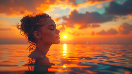 A serene woman enjoys the calmness of a sea at sunset, with the sun's reflection dancing on the water.