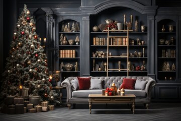 Cozy christmas living room with corduroy sofa, white shelf, candlestick, and festive decorations