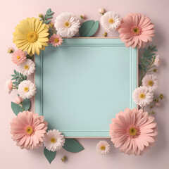 Beauty Flower Frame Template in 3D on Pastel Background. Chic Floral Mockup for Mother's Day and Women's Day Greeting Card.