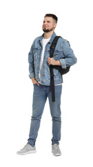 Fototapeta premium Man with backpack in denim clothes isolated on white