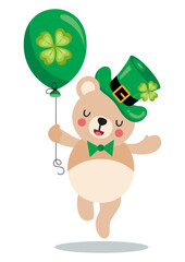 St Patrick's day teddy bear holding a green balloon with clover