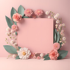 3D Empty Flower Frame Mockup Featuring Sweet Romantic Greeting Card Concept on Pastel Background.