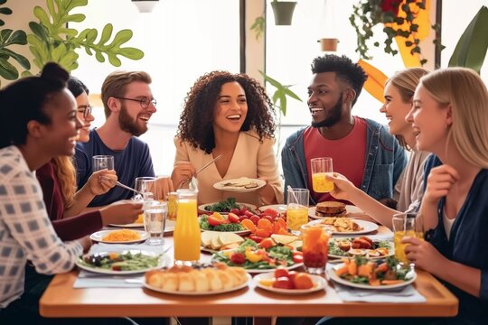 Group portrait of different races people, friends different nationalities gathered at table for dinner. Concept of friendship, multicultural, nationalities, togetherness, party, lifestyle.