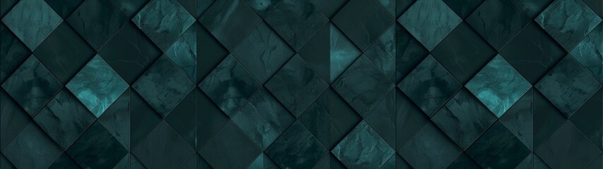 Abstract dark green colored 3d vintage worn shabby lozenge diamond rue motif tiles stone concrete cement marbled stone wall texture wallpaper background banner panorama, seamless pattern.
