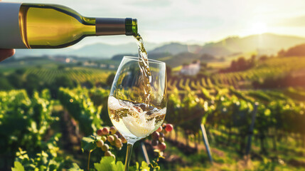 Wine glass with poured white wine and vineyard landscape of sunshine - obrazy, fototapety, plakaty