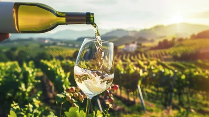 Fotobehang Wine glass with poured white wine and vineyard landscape of sunshine © VetalStock