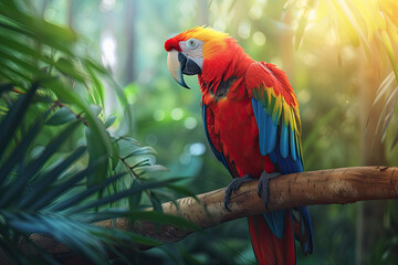 colorful macaw parrot on tree branch. wildlife scene tropical forest. colorful parrot on green tree in nature habitat
