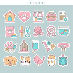 Pet shop sticker icon collection in cute flat design style