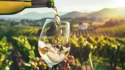 Poster Wine glass with poured white wine and vineyard landscape of sunshine © VetalStock