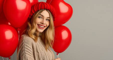 young beautiful emotional girl in pink dress with red ballons on red background. Happy Valentine's day