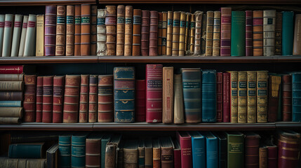 A stack of old books on table against background of bookshelf in library. Conceptual background on education, literature topics - obrazy, fototapety, plakaty