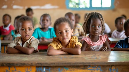 Portrait of African-American children, boys and girls, pupil sitting at desk in poor classroom. Selective focus. Concept of study, diversity ethnicities, knowledge, lifestyle.