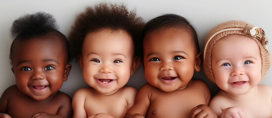 Group of multiethnic babies crawling isolated on white background