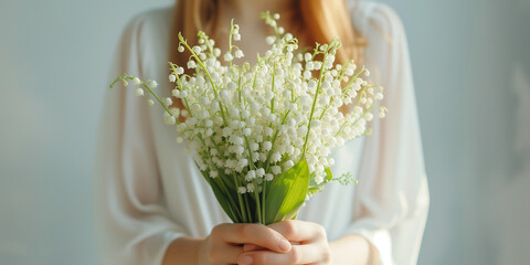 a bouquet of lilies of the valley on female hand
