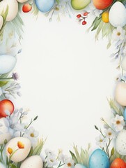 A postcard with a border of Easter eggs and plants for Easter greetings.
