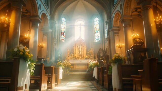 Ethereal Elegance: Catholic Church Interior with Holy Figure. Generative ai
