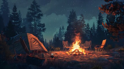 Beautiful bonfire with burning firewood near chairs and camping tent in forest. Campfire by a chairs and a tent - Powered by Adobe
