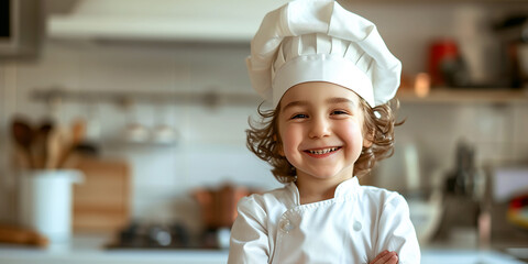 child playing with the dough in the kitchen dressed as a chef. Child baking a cake