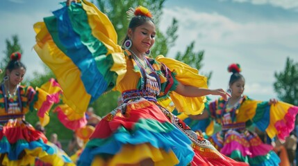 Traditional Mexican Folk Dancers in Colorful Costumes. Vibrant Mexican folk dancers perform in a...