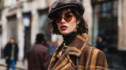 Trendy Woman in Checkered Coat and Newsboy Cap on City Street. Elegant young woman wearing a checkered coat and newsboy cap, complemented by round sunglasses, stands on a bustling city street.