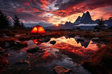 Family hiking in italian dolomite mountains at sunset with tents and breathtaking scenery - obrazy, fototapety, plakaty