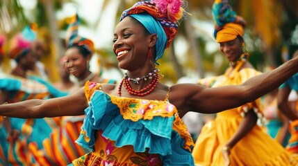 African Women Dancing in Traditional Attire. Joyous African women dance with dynamic energy in...