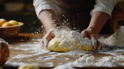 Obraz na płótnie Canvas Hands Dusting Flour while Kneading Dough on Table. A baker's hands are dusting flour while kneading fresh dough on a wooden table, capturing the essence of traditional baking.