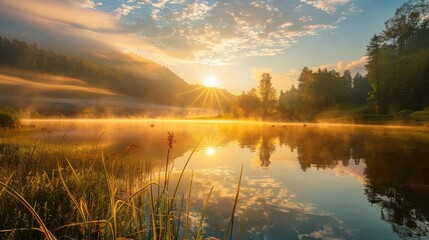 Sunrise and Mist on a Peaceful Lake. The warm sunrise casts a glow on the mist above a peaceful lake, with reflections and the natural landscape creating a serene scene.