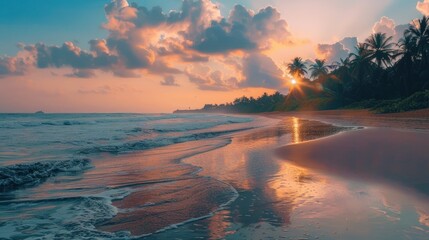Sunset Reflection on a Quiet Beach Shoreline. The sunset casts a radiant reflection across the beach's wet sand, creating a pathway of light between the sea and palm trees.